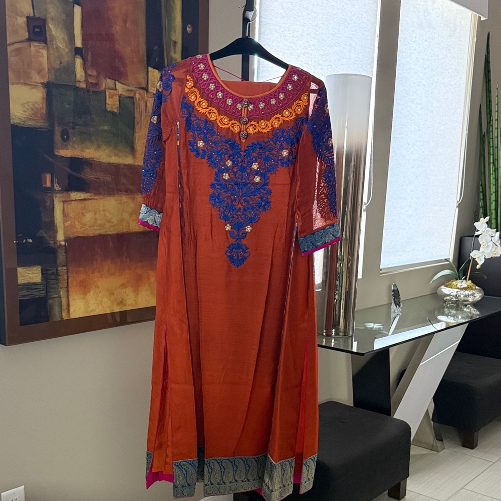 Vibrant Orange and Blue Embroidered Long Sleeve Dress